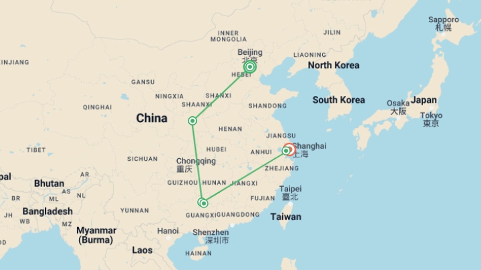 A map showing the tour itinerary for the trip: Wonderful Classic China Small Group Tour, starting in Beijing, China and ending in Shanghai, China going through 2 other destinations.