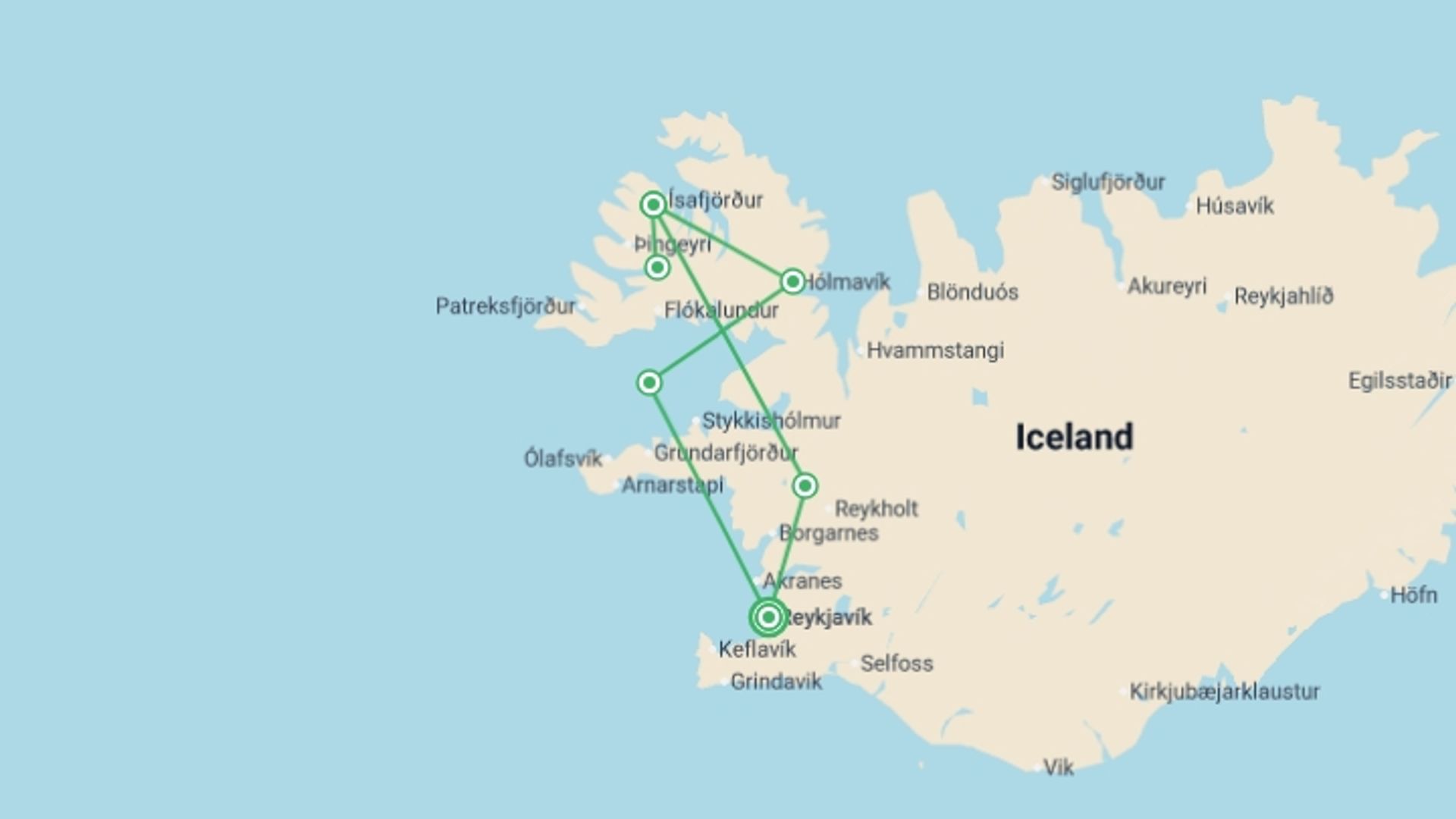 A map showing the tour itinerary for the trip: Westfjords & Northern Lights - 7 days, starting in Reykjavik, Iceland and ending in Reykjavik, Iceland going through 2 other destinations.