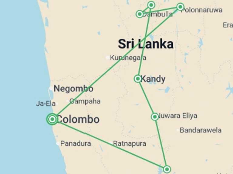 Map of 8-Day Sri Lanka Tour with 5 destination visits for the trip: Colombo, Caves & Kandy - 8 days
