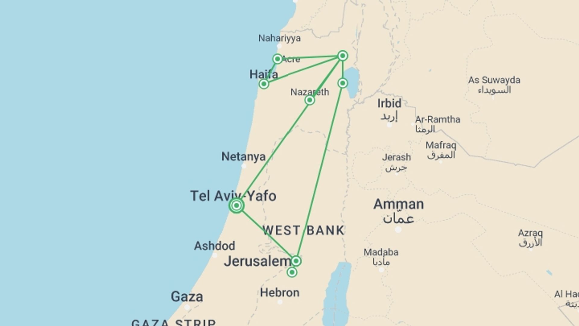 A map showing the tour itinerary for the trip: Tierra Santa, Spanish-speaking Guide (monday), starting in Tel Aviv, Israel and ending in Tel Aviv, Israel going through 2 other destinations.