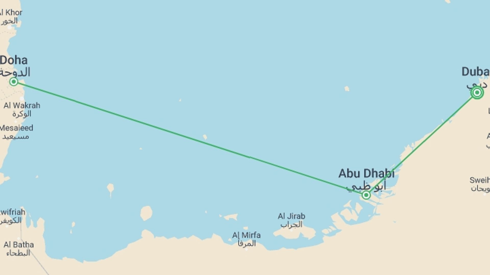 A map showing the tour itinerary for the trip: Dubai and 03 Nights Persian Gulf Cruise, starting in Dubai, UAE and ending in Dubai, UAE going through 2 other destinations.