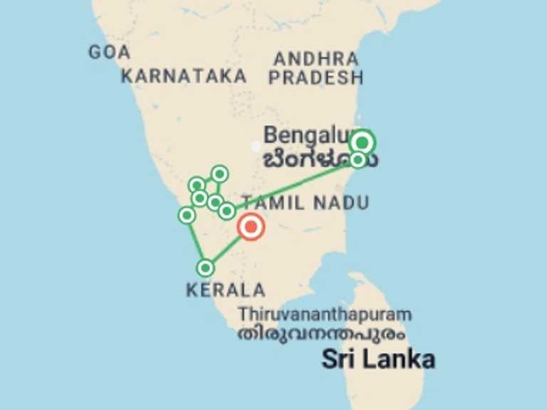 Map itinerary of Chennai Tour in Summer with 10 destination visits for the trip: Great Southern Getaway - 15 days