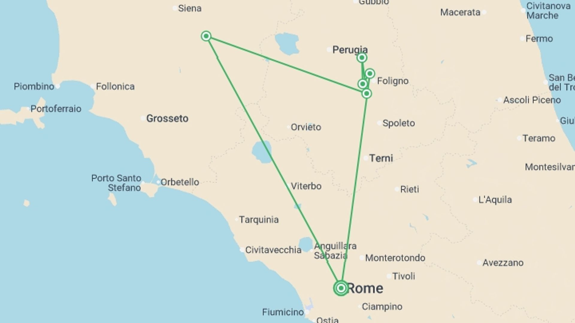 A map showing the tour itinerary for the trip: Walking in Rome, Assisi and Umbria - Premium Adventure, starting in Rome, Italy and ending in Rome, Italy going through 5 other destinations.