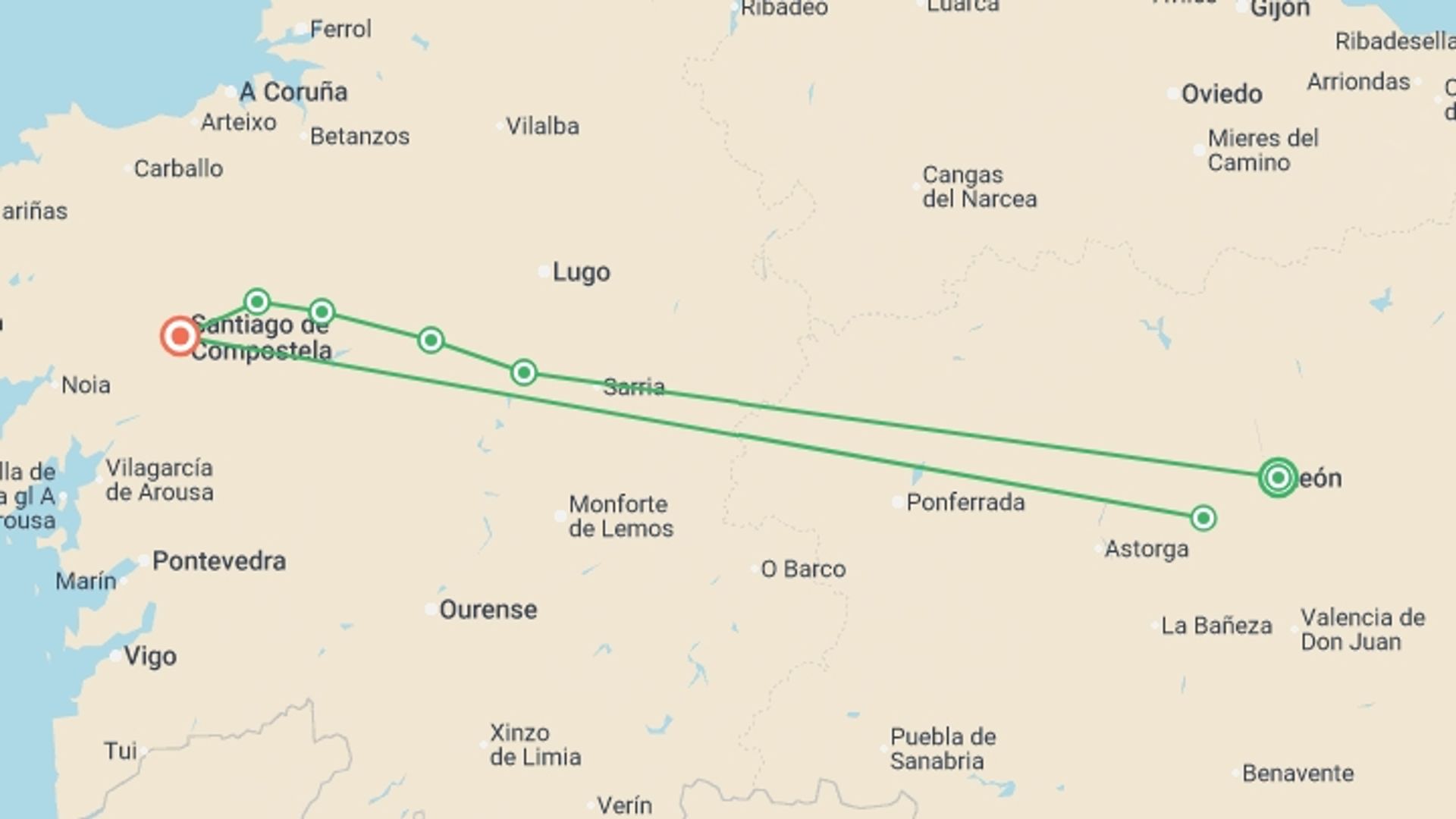 A map showing the tour itinerary for the trip: Camino - Leon to Santiago in 15 Days, starting in Leon, Spain and ending in Santiago De Compostela, Spain going through 5 other destinations.
