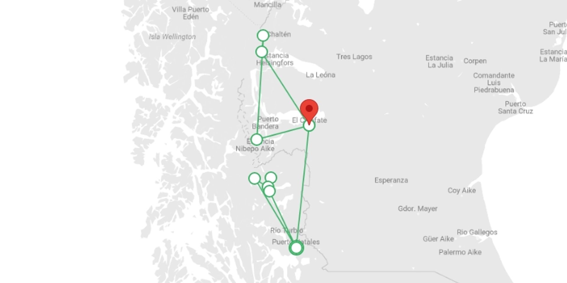 A map showing the tour itinerary for the trip: 'W’ Trek & Perito Moreno Glacier Tour, starting in Puerto Natales, Chile and ending in undefined, Argentina going through 2 other destinations.