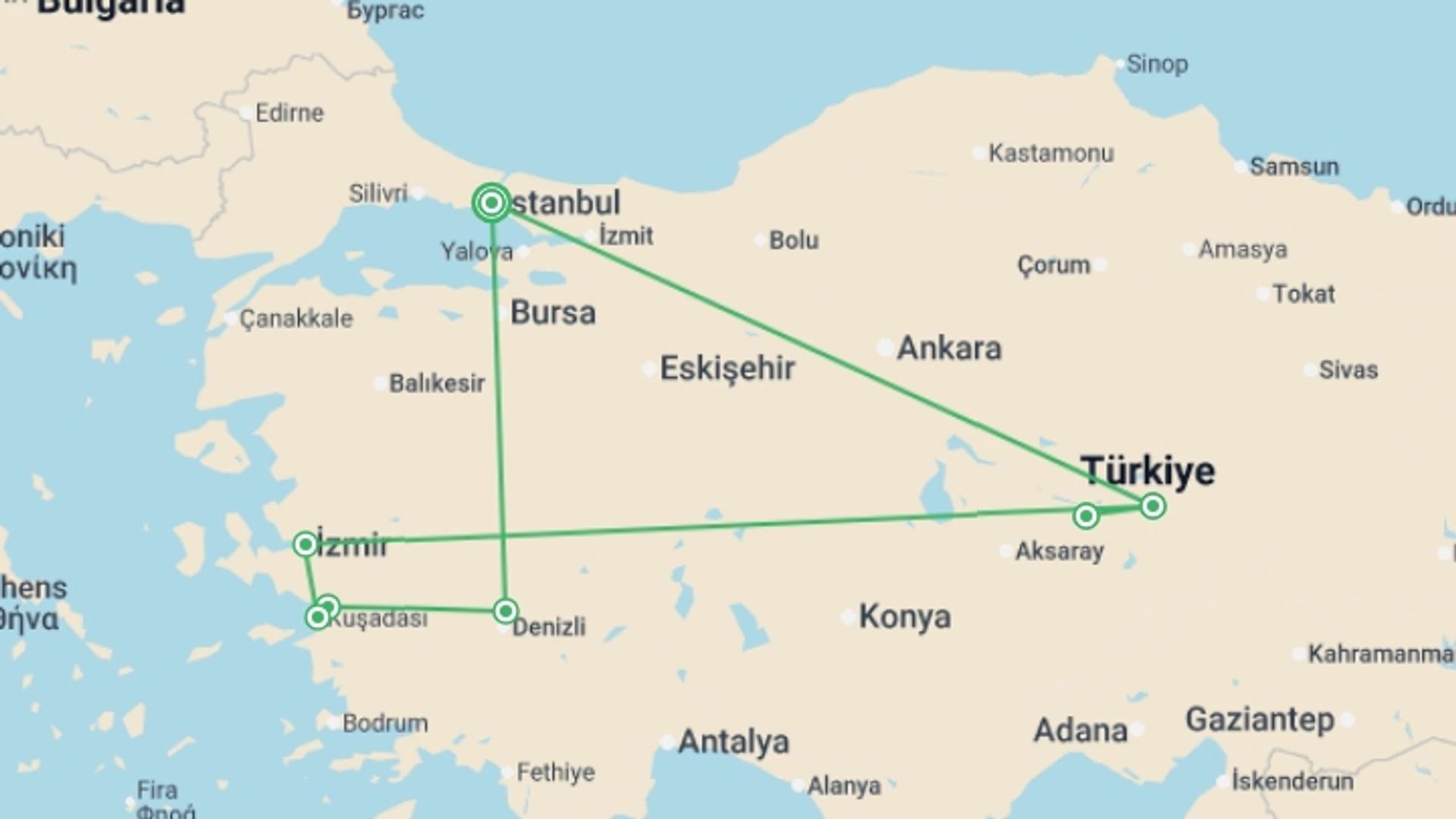 A map showing the tour itinerary for the trip: Cultural Triangle of Turkey 5 star - 8 days, starting in Istanbul, Turkey and ending in Istanbul, Turkey going through 4 other destinations.