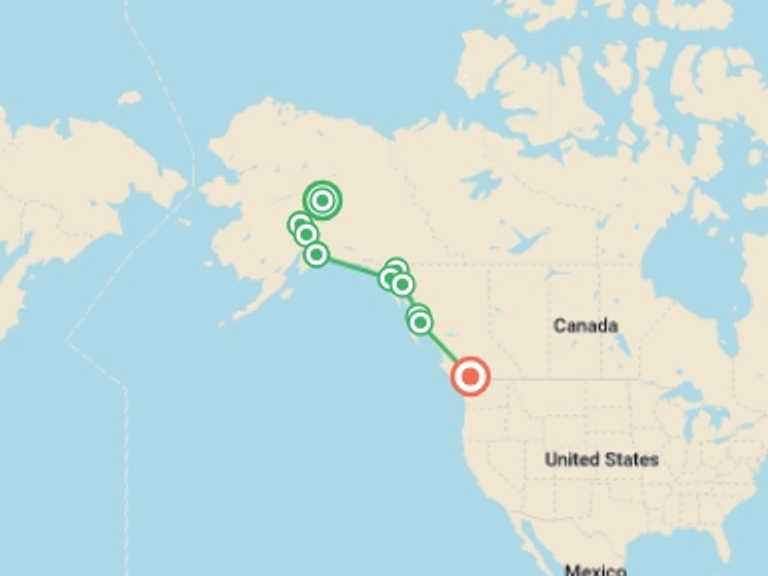 Map of North America Tour with 10 destination visits for the trip: Alaska Discovery Land & Cruise featuring a 7-night Holland America Cruise