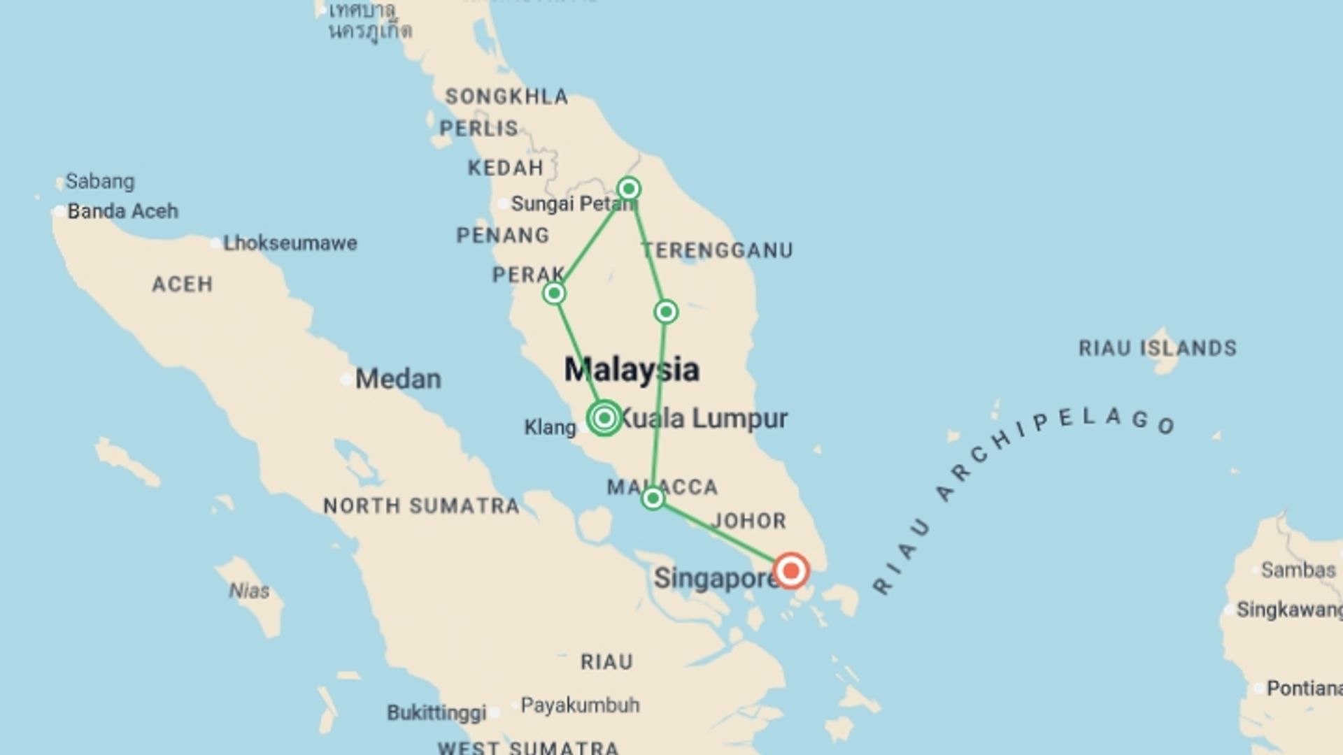 A map showing the tour itinerary for the trip: Malaysia's Jungle Railway Adventure, starting in Kuala Lumpur, Malaysia and ending in Singapore, Singapore going through 2 other destinations.