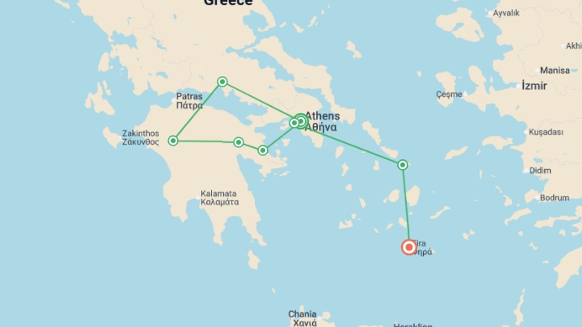 A map showing the tour itinerary for the trip: Gems of Greece with Mykonos & Santorini - 10 days, starting in Athens, Greece and ending in Santorini, Greece going through 3 other destinations.