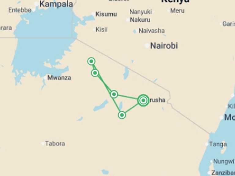 Map itinerary of Africa Tour in December 2026 with 7 destination visits for the trip: 6-Day Safari in Tarangire, Serengeti, Ngorongoro& Manyara