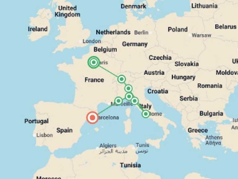 Map of a Train Tour with 6 destination visits for the trip: Paris to Barcelona: Tapas & Train Rides