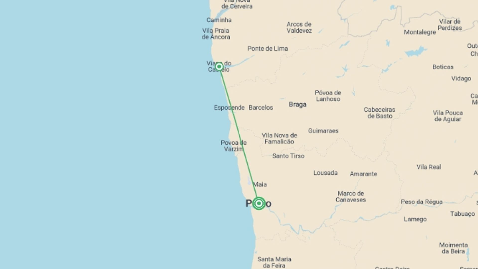 A map showing the tour itinerary for the trip: Tour the Treasures of Portugal, starting in Porto, Portugal and ending in Porto, Portugal going through 1 other destinations.
