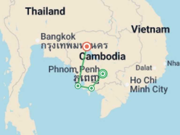 Map of 10-Day Phnom Penh Tour with 4 destination visits for the trip: Cambodia Youth Adventure  - 10 days