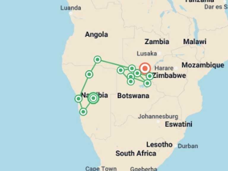 Map itinerary of Windhoek Tour in Spring with 13 destination visits for the trip: Highlights of Namibia, Botswana and Zimbabwe