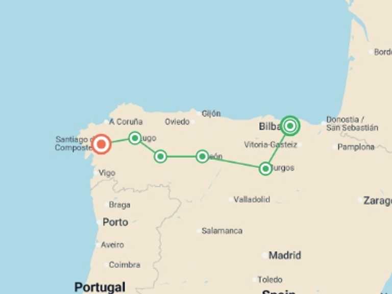 Map of Europe Tour with 6 destination visits for the trip: Signature: Walking Spain's Camino de Santiago