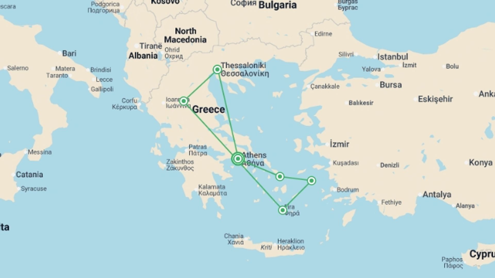 A map showing the tour itinerary for the trip: Greece: In the Footsteps of Paul the Apostle featuring a 3-night Greek Islands & Turkiye cruise, starting in Athens, Greece and ending in Athens, Greece going through 5 other destinations.