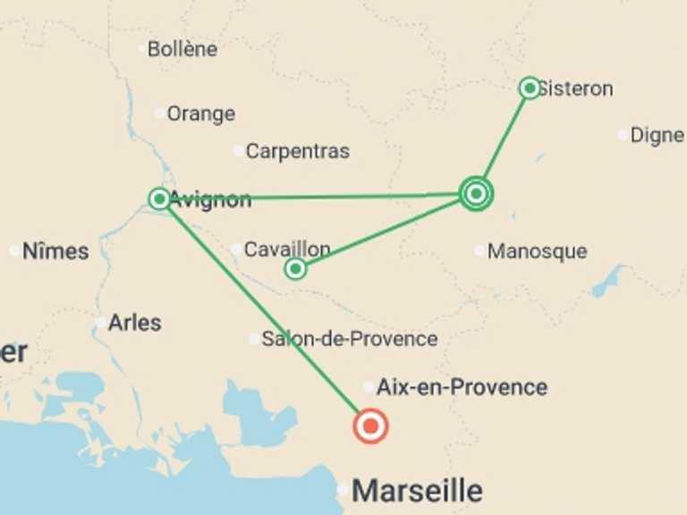Map itinerary of France Tour in September 2027 with 4 destination visits for the trip: Discover Provence
