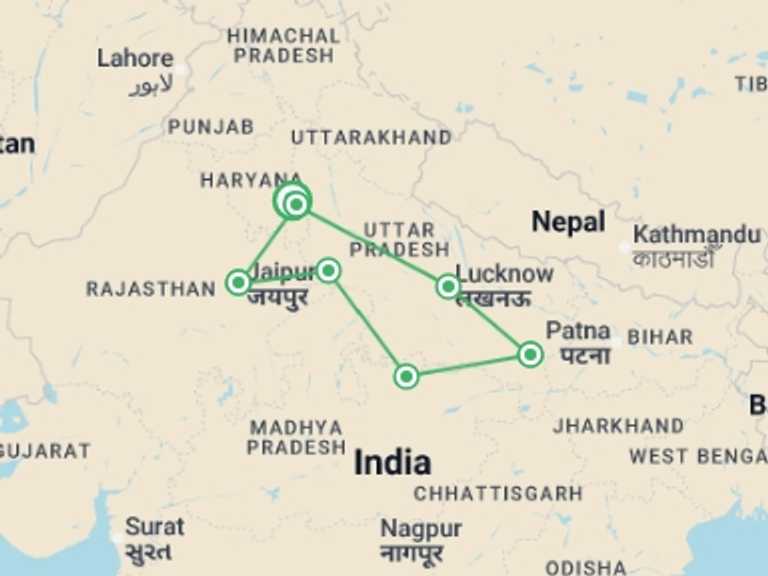 Map itinerary of Agra Tour in August 2026 with 7 destination visits for the trip: Premium India Small Group Tour