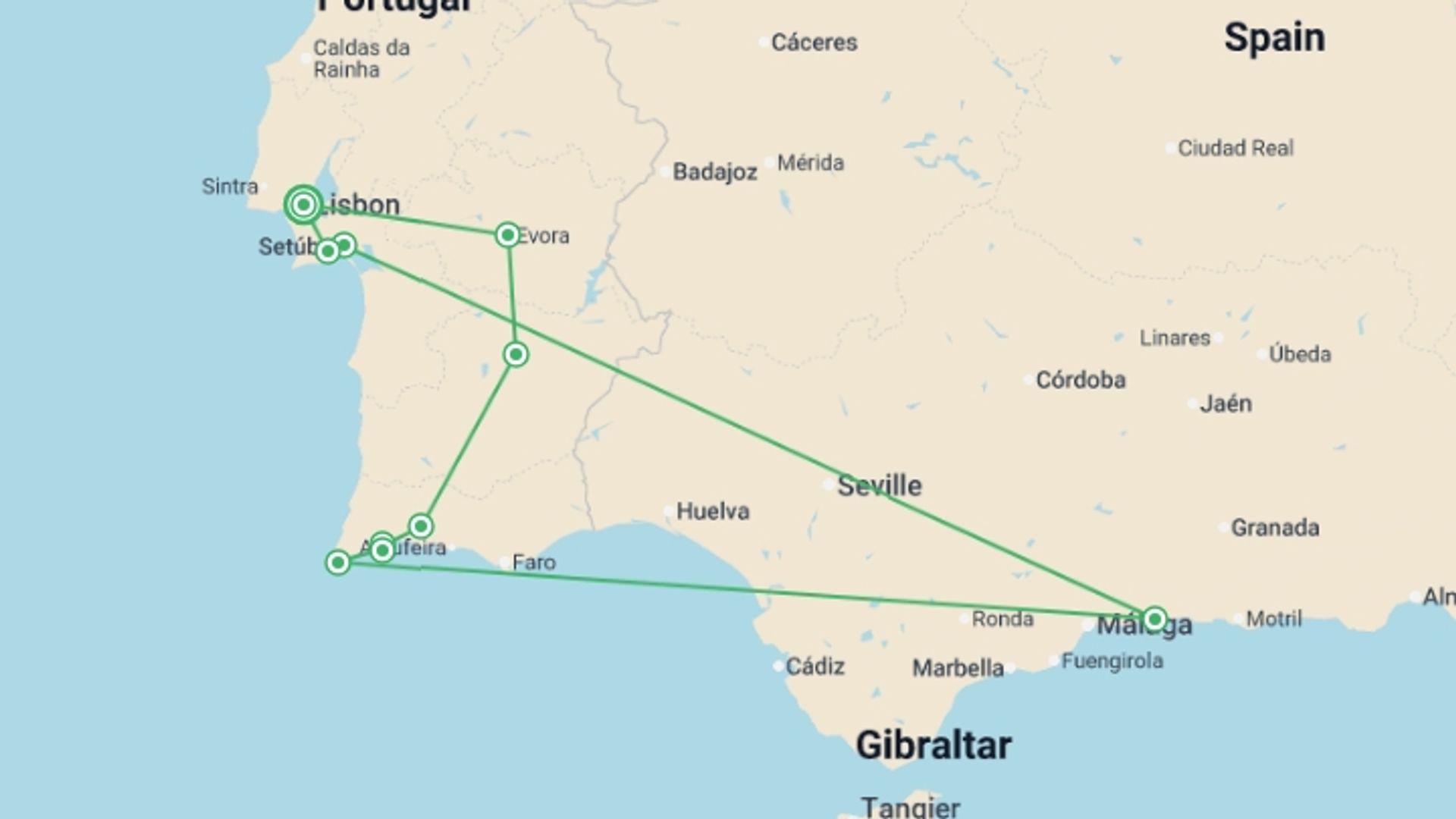 A map showing the tour itinerary for the trip: Southern Portugal Explorer, starting in Lisbon, Portugal and ending in Lisbon, Portugal going through 4 other destinations.