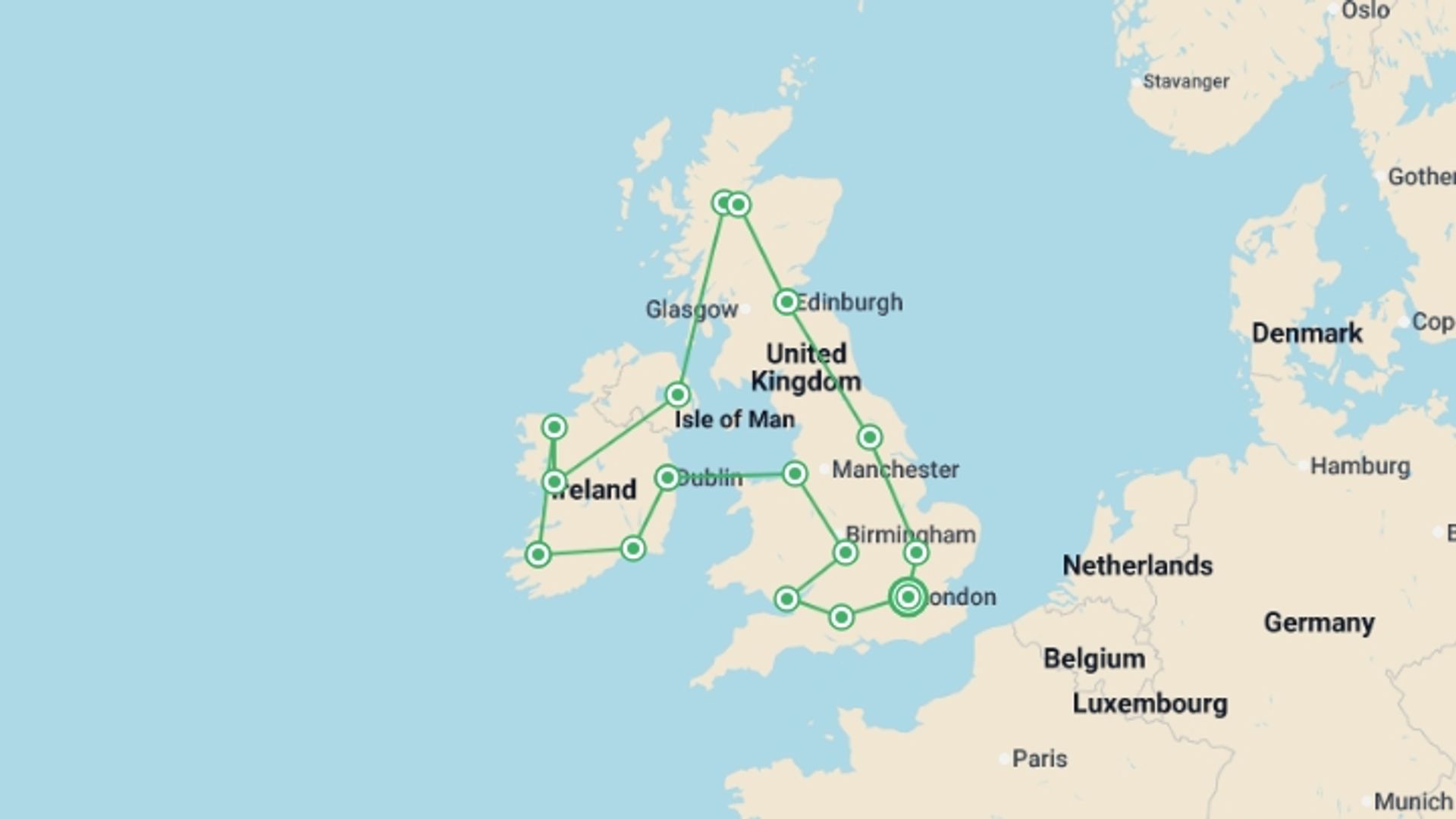 A map showing the tour itinerary for the trip: Best of UK & Ireland, starting in London, England and ending in London, England going through 11 other destinations.