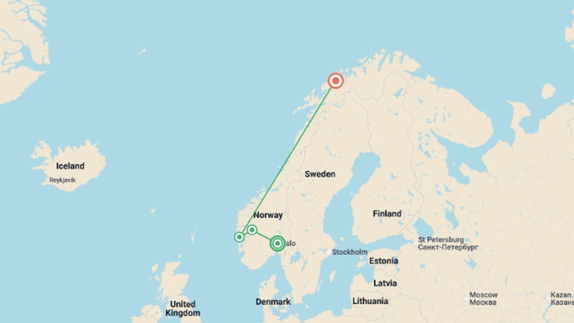 A map showing the tour itinerary for the trip: Best of Norway & Midnight Sun - 8 days, starting in Oslo, Norway and ending in Tromso, Norway going through 2 other destinations.