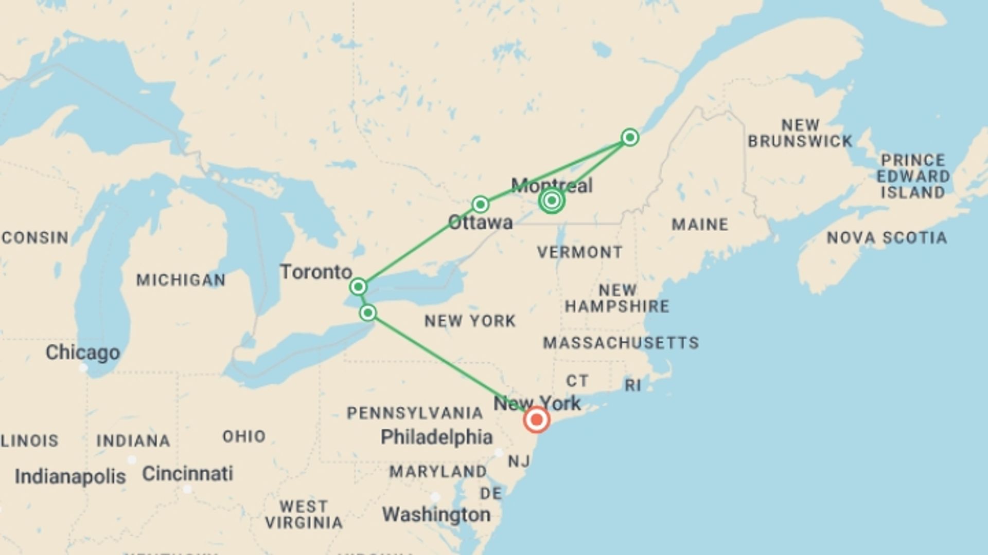 A map showing the tour itinerary for the trip: Canada, Niagara and New York, starting in Montreal, Canada and ending in New York, USA going through 4 other destinations.