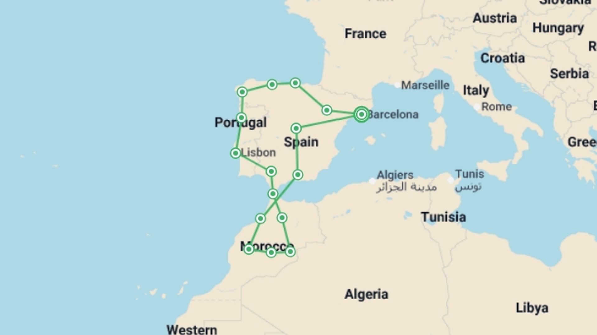 A map showing the tour itinerary for the trip: The Big Tour of Spain, Morocco and Portugal, starting in Barcelona, Spain and ending in Barcelona, Spain going through 15 other destinations.