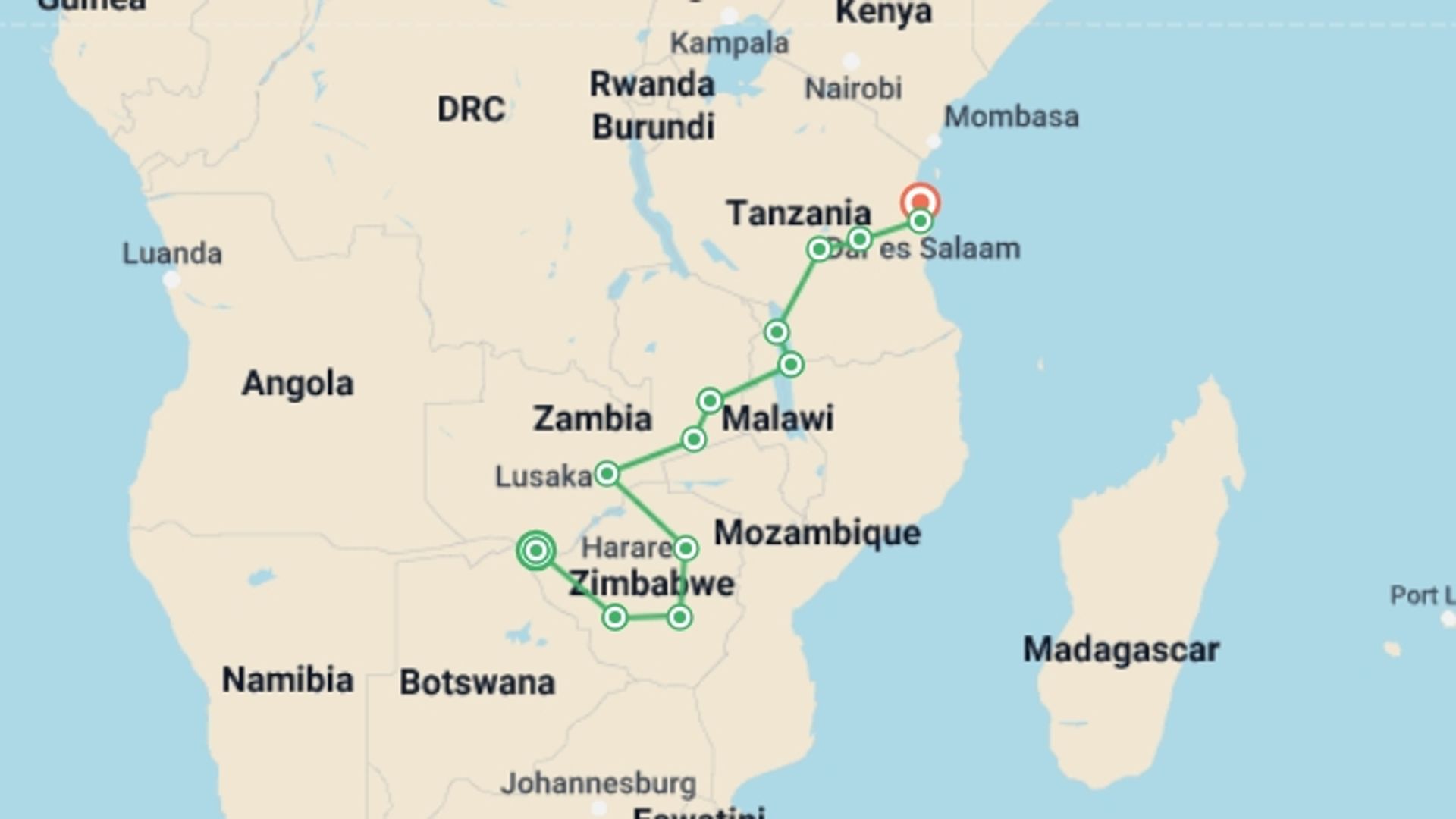 A map showing the tour itinerary for the trip: Vic Falls to Stone Town, starting in Victoria Falls, Zimbabwe and ending in Zanzibar, Tanzania going through 12 other destinations.