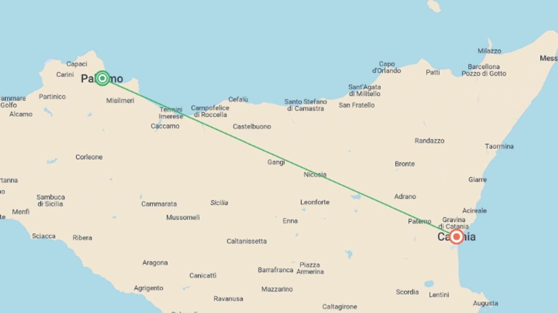 A map showing the tour itinerary for the trip: Sicily Essence: 5 Days From Palermo To Catania, Self-drive, starting in Palermo, Italy and ending in Catania, Italy going through 0 other destinations.