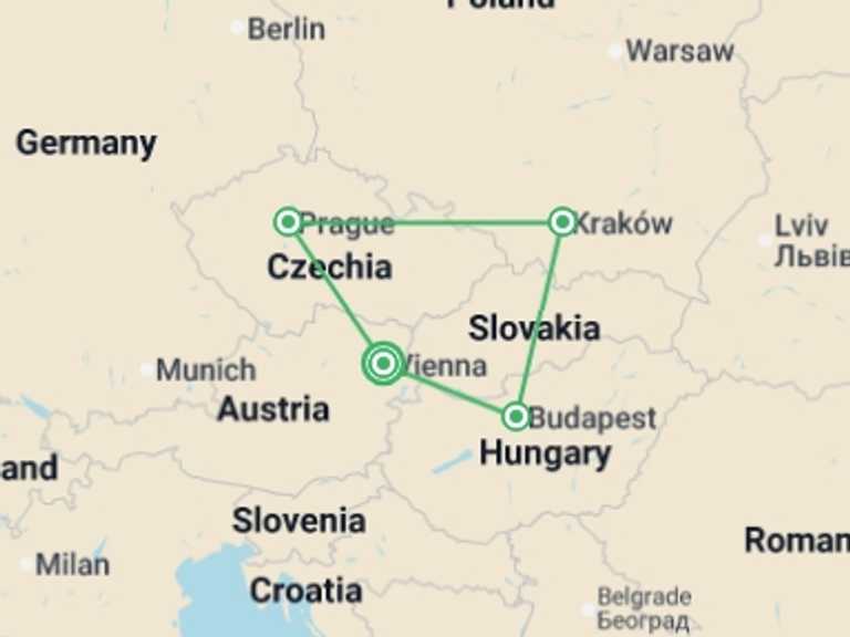 Map of Eastern Europe Tour with 4 destination visits for the trip: Country Roads of Central Europe