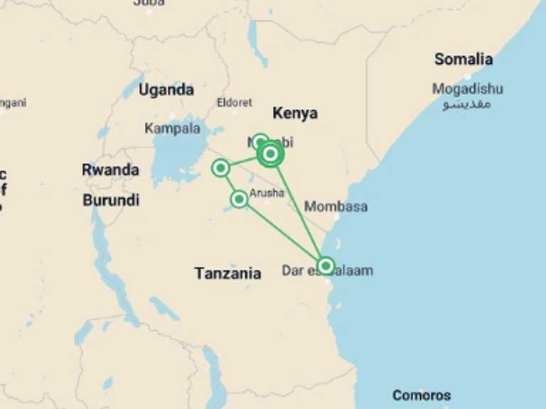 Map itinerary of Nairobi Tour in July 2027 with 11 destination visits for the trip: 14-Day East Africa Honeymoon Safari