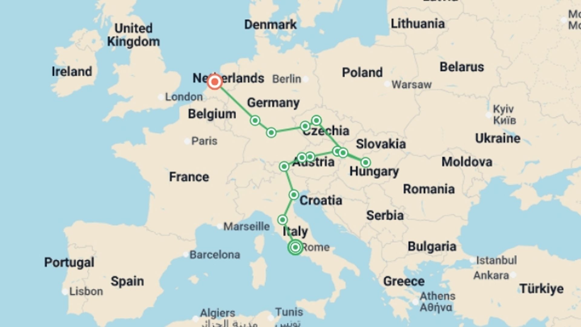 A map showing the tour itinerary for the trip: La Dolce Adventure GO, starting in Rome, Italy and ending in Amsterdam, Holland going through 7 other destinations.