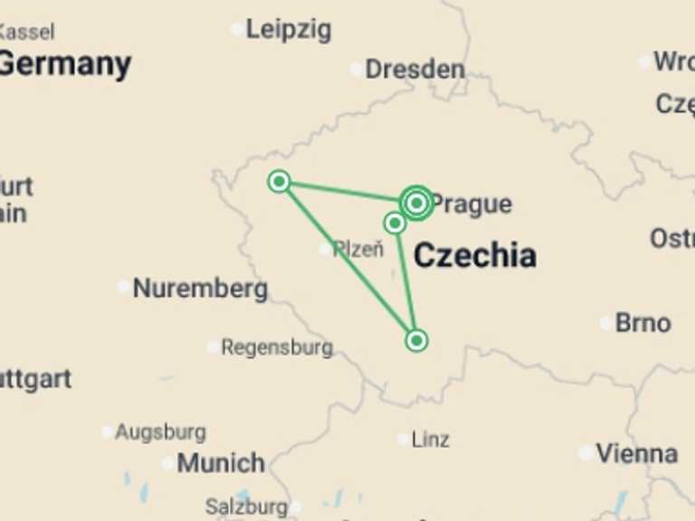 Map itinerary of Europe Tour in Fall with 5 destination visits for the trip: Castle Heritage of Bohemia (Prague Hub)