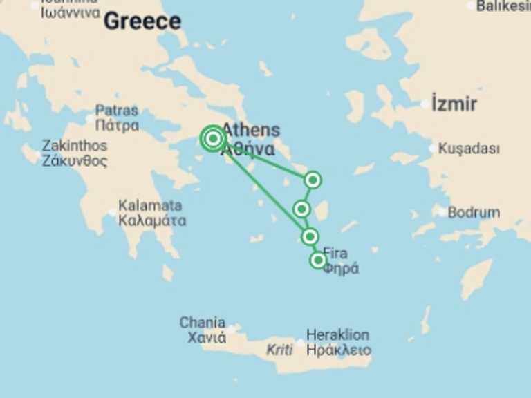Map of Mediterranean Tour with 5 destination visits for the trip: Greek Island Hopping Plus 35 to 45