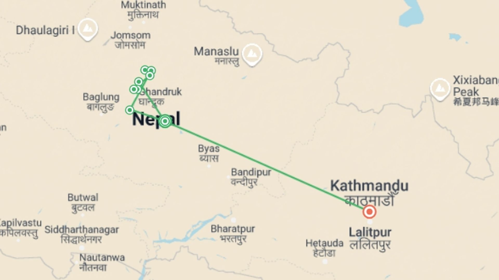 A map showing the tour itinerary for the trip: Annapurna Base Camp Trek, starting in Pokhara, Nepal and ending in Pokhara, Nepal going through 8 other destinations.