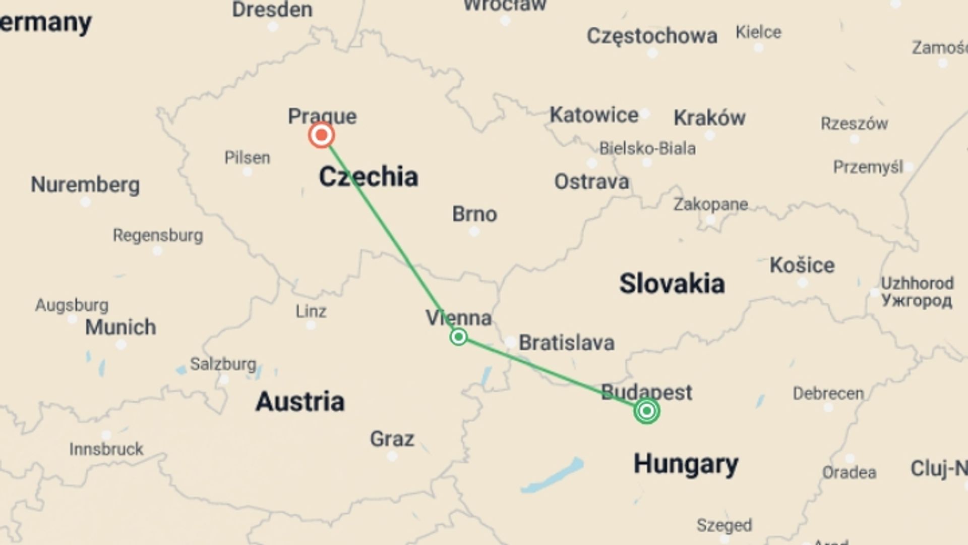A map showing the tour itinerary for the trip: Discover Budapest, Vienna & Prague Privately, starting in Budapest, Hungary and ending in Prague, Czech Republic going through 1 other destinations.