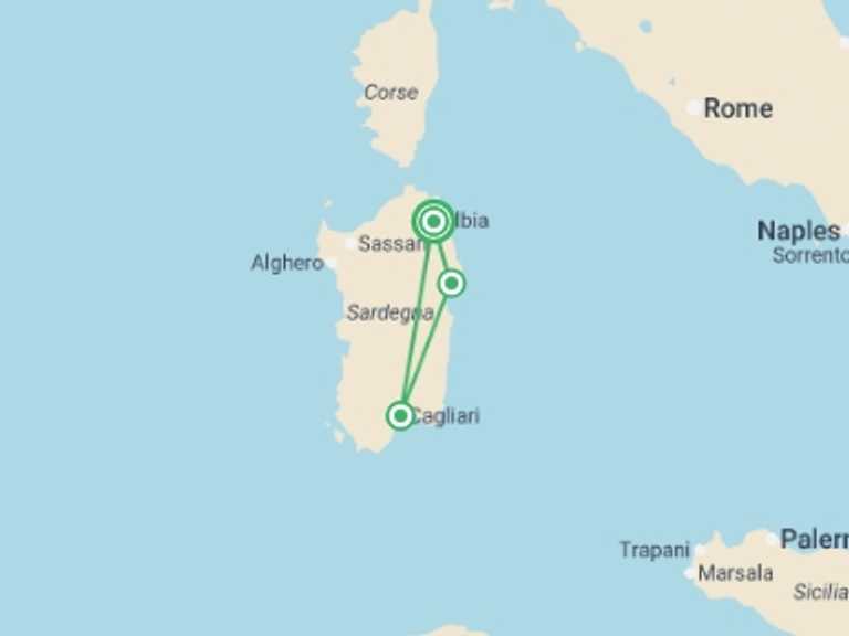 Map itinerary of Italy Tour in August 2026 with 4 destination visits for the trip: South to North Sardinia Express
