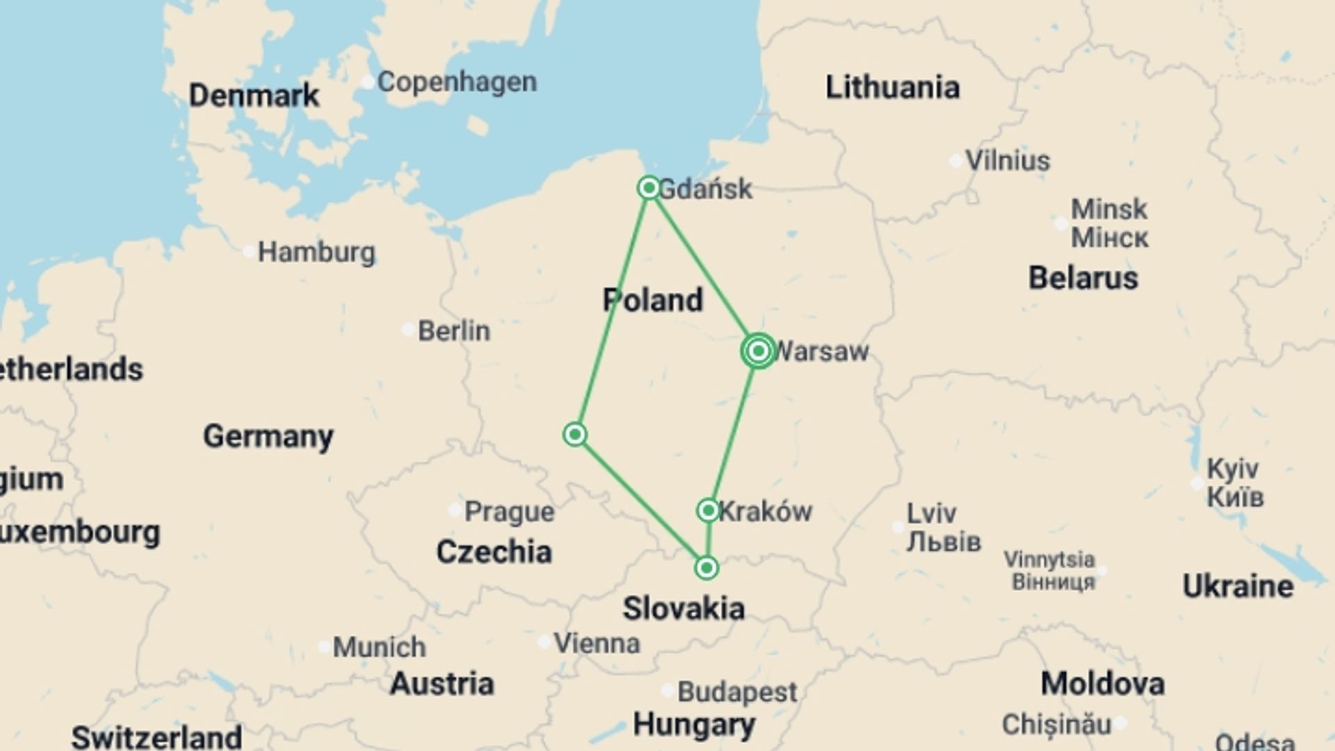 A map showing the tour itinerary for the trip: Best of Poland, starting in Warsaw, Poland and ending in Warsaw, Poland going through 4 other destinations.