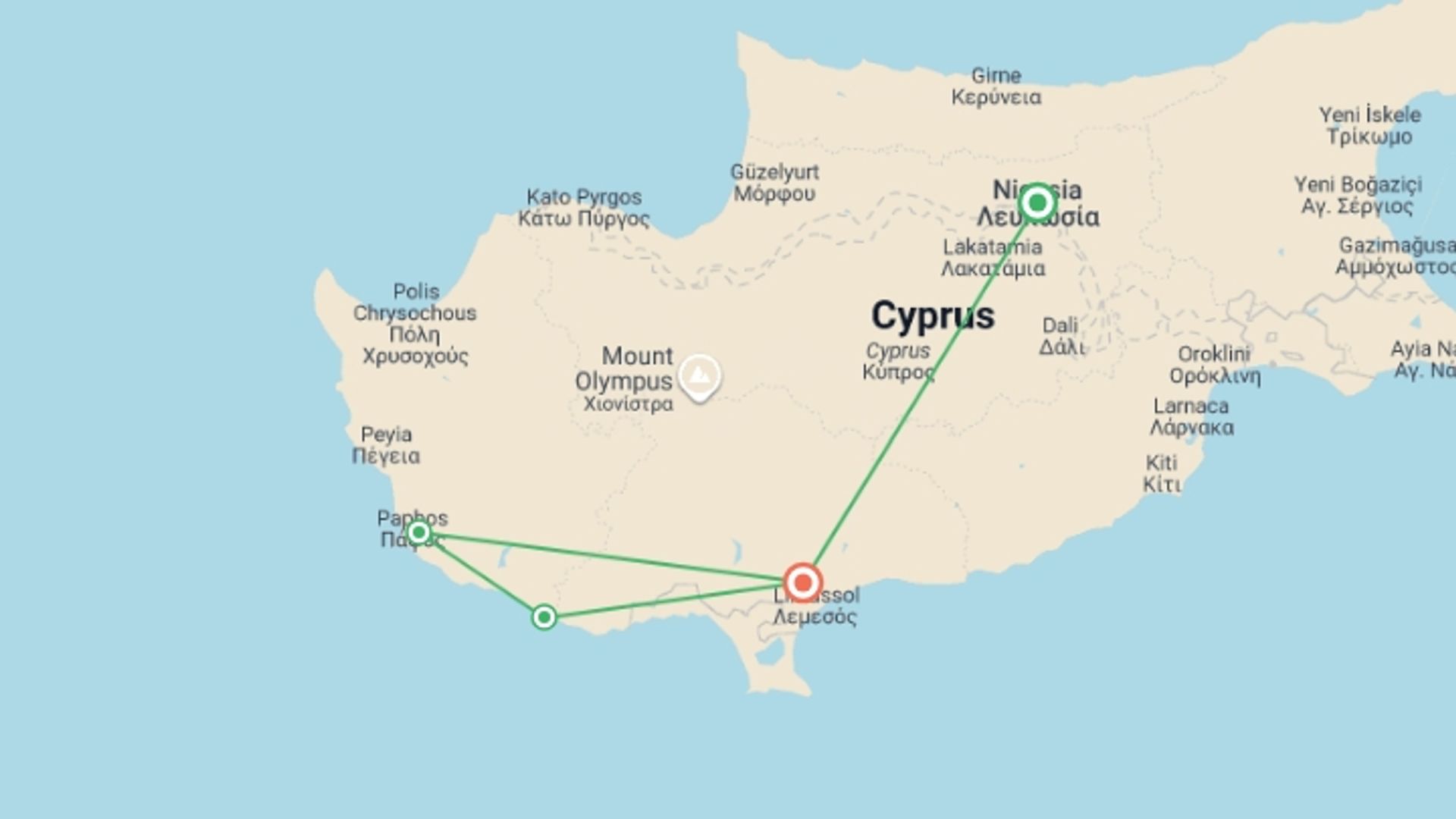 A map showing the tour itinerary for the trip: Cinyras Tour, starting in Nicosia, Cyprus and ending in Limassol, Cyprus going through 2 other destinations.
