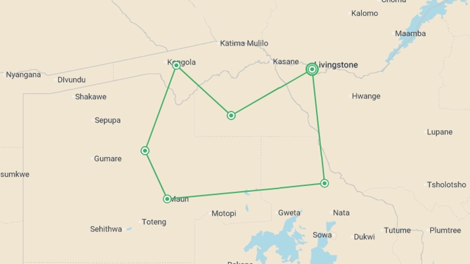 A map showing the tour itinerary for the trip: Botswana Highlights, starting in Victoria Falls, Zimbabwe and ending in Victoria Falls, Zimbabwe going through 5 other destinations.