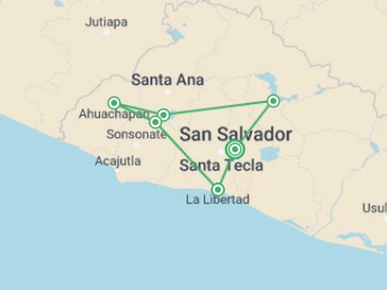 Map of a Sightseeing Tour with 6 destination visits for the trip: El Salvador Tour: Unveil A Wonderful Mosaic Of Culture, History, And Nature (8 Days)