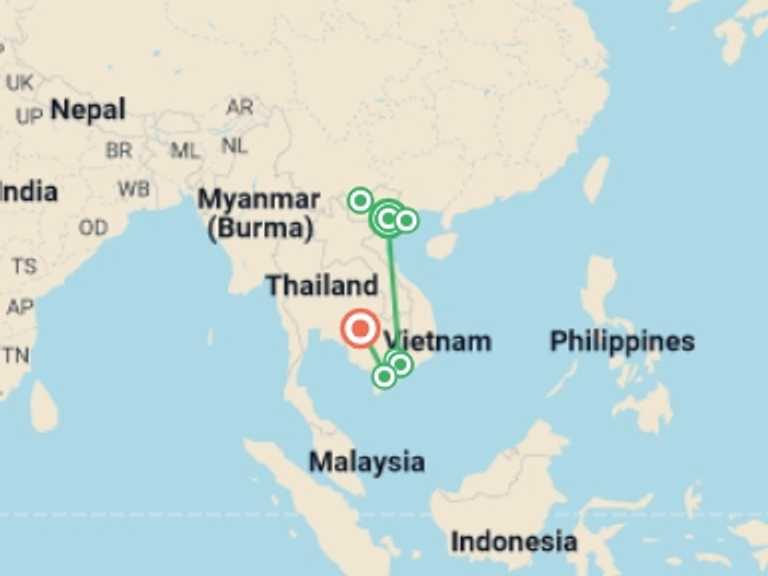 Map of a Walking Tour with 7 destination visits for the trip: 12-Day Cross Vietnam and Siem Reap Tour From Hanoi