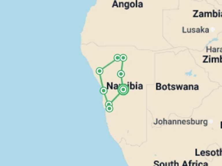 Map itinerary of Africa Tour in June 2027 with 8 destination visits for the trip: Discover Namibia In Style