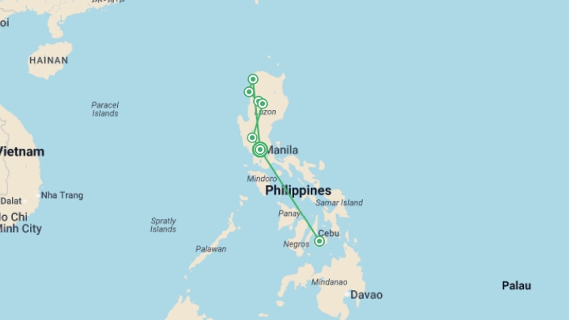 A map showing the tour itinerary for the trip: North Philippines Explorer + Bohol Beach Extension, starting in Manila, Philippines and ending in Manila, Philippines going through 6 other destinations.