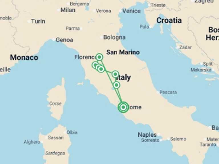 Map itinerary of Italy Tour in June 2026 with 3 destination visits for the trip: Roman Holiday
