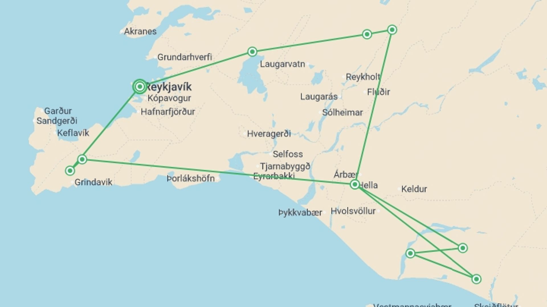 A map showing the tour itinerary for the trip: Land of Midnight Sun & Solar Eclipse 2026 - 5 days, starting in Reykjavik, Iceland and ending in Reykjavik, Iceland going through 1 other destinations.