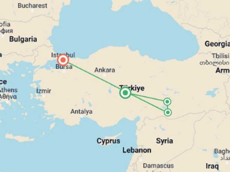 Map itinerary of Turkey Tour in September 2025 with 4 destination visits for the trip: Private Mt Nemrut and Gobeklitepe Tour