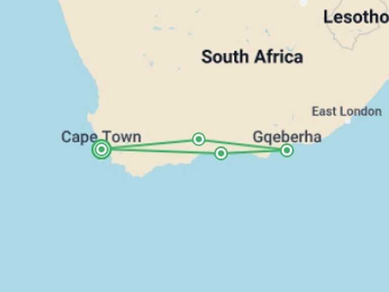 Map itinerary of Cape Town Tour in August 2026 with 4 destination visits for the trip: Garden Route and Addo