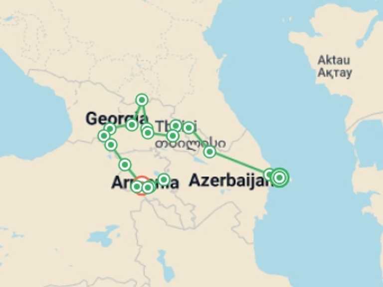 Map itinerary of Baku Tour in August 2026 with 2 destination visits for the trip: Azerbaijan, Georgia & Armenia Explorer