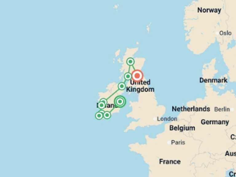 Map of Dublin City sightseeing Tour with 10 destination visits for the trip: Best of Ireland & Scotland - Premium